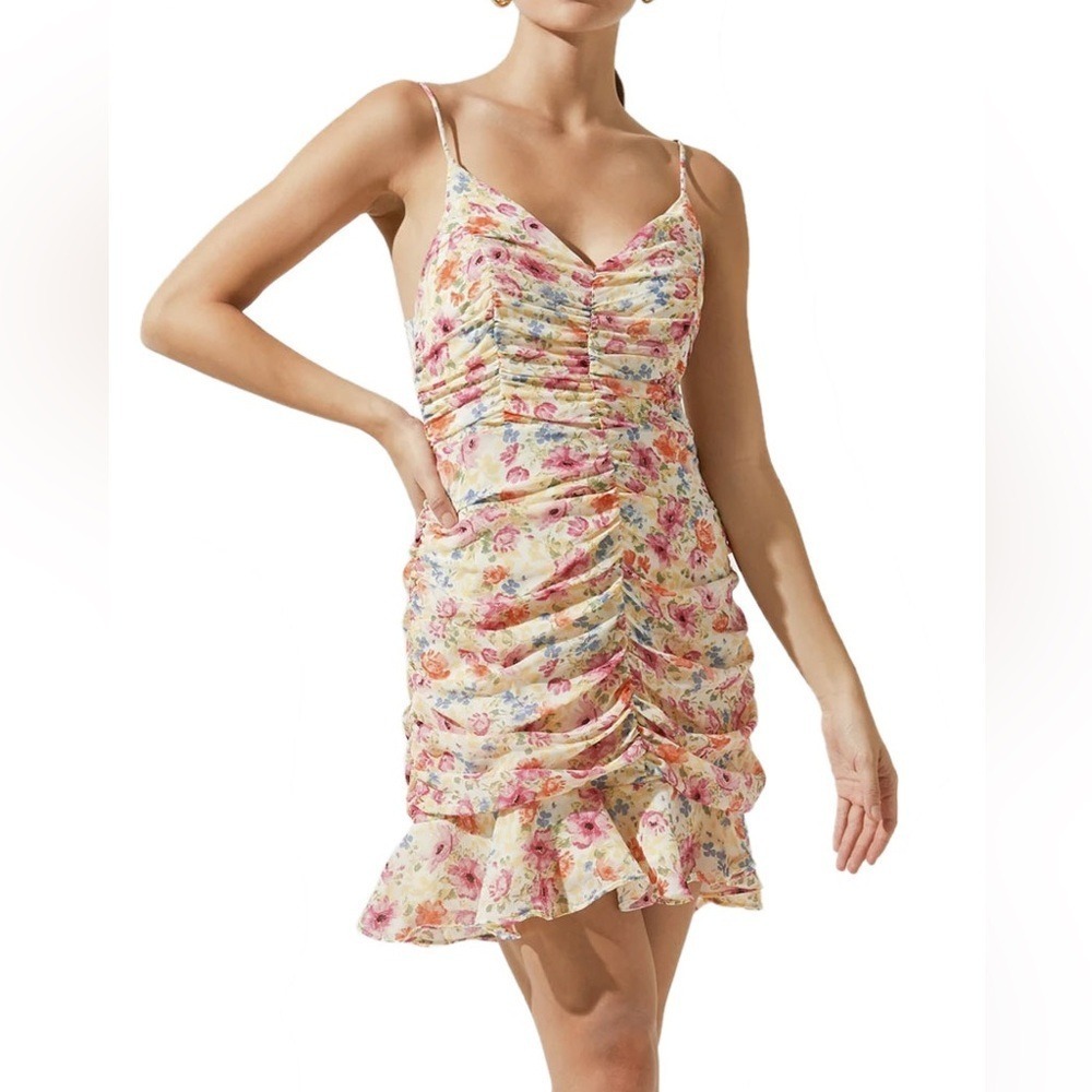 ASTR The Label Ruched Floral Mini Dress Small Yellow Pink Coquette Cottagecore